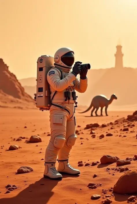 Cosmonaut on mars with a pro photo camera in his hand and dinosaurs in the background