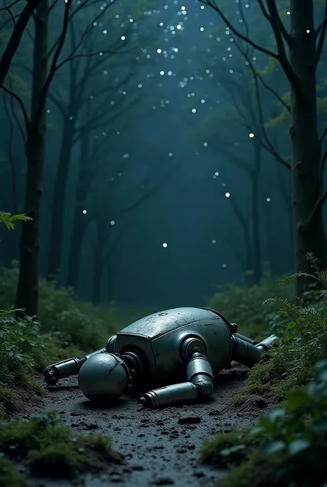  Robot dead in the forest covered by silt, And starry sky with meteors .