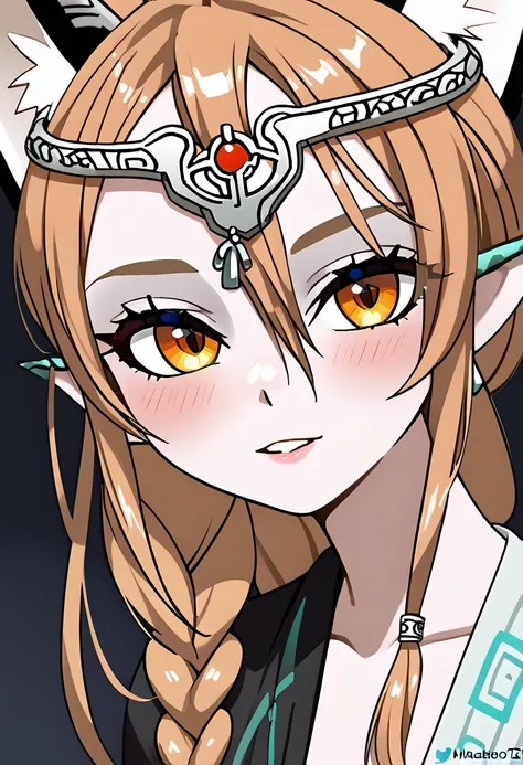 Highest detail, masterpiece, Close up of a beautiful woman, braided updo, serval ears, midna imp garb