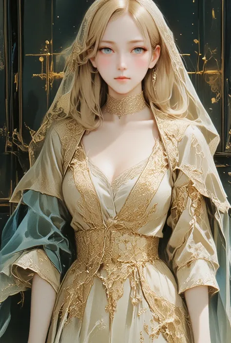 Watercolor painting .A stunning artistic portrayal of a blonde-haired woman with striking blue eyes, wearing a luxurious, flowing beige gown with a modest neckline, ensuring elegance and refinement. The gown is adorned with intricate, golden lace patterns,...