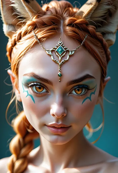 Highest detail, masterpiece, Close up of a beautiful woman, braided updo, serval ears, midna imp garb