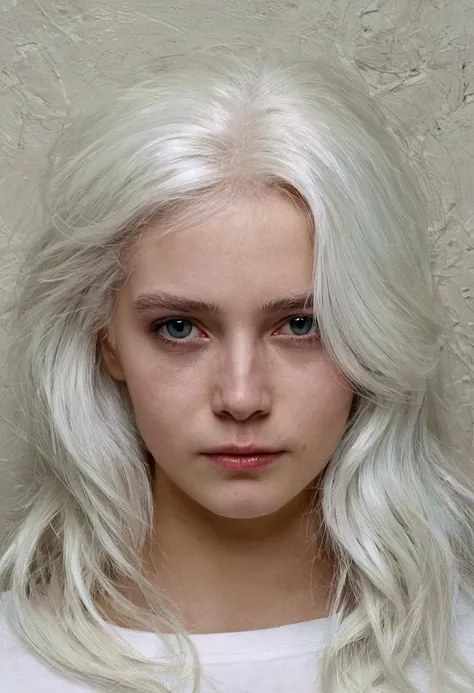 a portrait of a young girl  with white hair wearing all white on a living room wall, nightmare, highest detail, highest definition, highest quality 