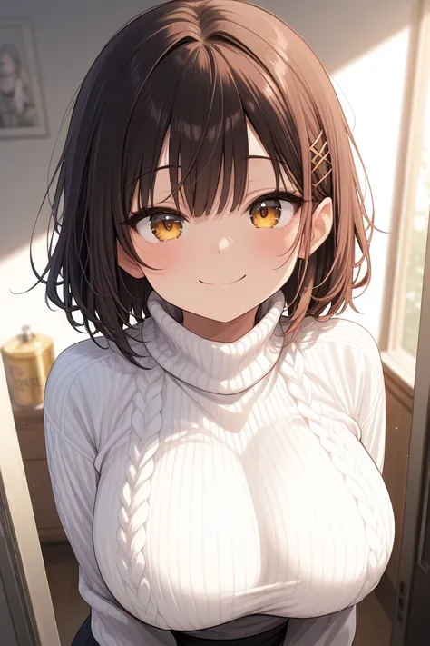  absolutely anatomically correct、 top quality、 greatest masterpiece in history、Best RAW photos、 beautiful girl、White knit、 turtleneck、Big Breasts、smile、 morning glow