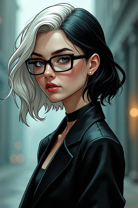 White-haired black-haired character wearing profiled glasses with a neutral expression but in the style of the DC books 