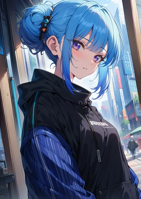 1.5, best quality, high quality, High definition, High quality texture, high detail, beautiful detailed, finely detailed, extremely detailed cg, detailed texture, ((ANIME)), 1girl, woman, female, ((confident)), blue hair, hair buns, curtain bangs, trendy c...