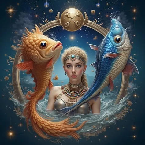 Ultra-realistic double print image of two fish swimming in opposite directions  ,  reflecting the duality and often contradictory nature of this sign , in the middle of the galaxy .  Along with the  , Does the body of a very beautiful young Egyptian goddes...