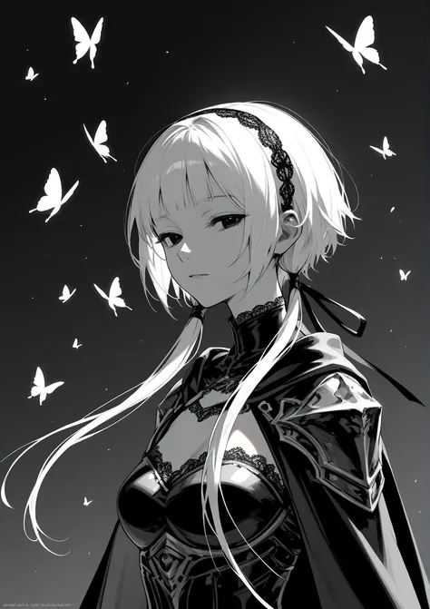 score_9,score_8_up,score_7_up,score_6_up, face, solo, (1girl), (((very short haircut))) ,hair band, short blunt bang, white hair, armor, sexy, gray scale, line art, black eyes, ((black backgrounds)) ,butterfly, dress, medium breast, hands , ((long locks)),...