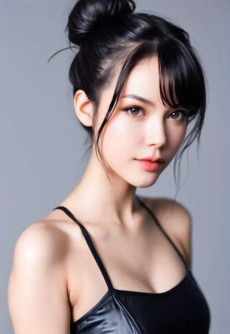 A girl with one disheveled bun on her head with black hair, open shoulders on a gray background , Russian photorealistic appearance, high-quality