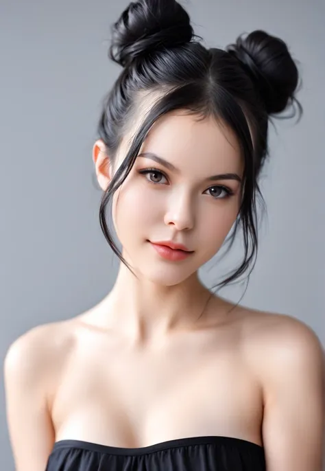 A girl with one disheveled bun on her head with black hair, open shoulders on a gray background , Russian photorealistic appearance, high-quality