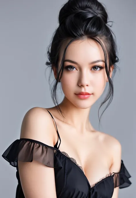 A girl with one disheveled bun on her head with black hair, open shoulders on a gray background , Russian photorealistic appearance, high-quality