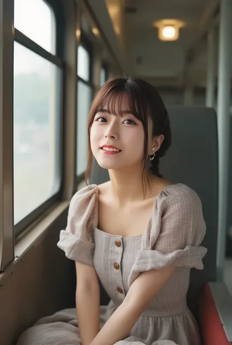 smile,Japanese woman alone,( Masterpiece,  top quality, 8k,  RAW photos in the loop,  beautiful、Midea:1.2),   complicated details,  indirect lighting,  is present,
whole body,  sitting on a train chair 、 Staring at the Audience 、Peeking、
   Square Neck But...