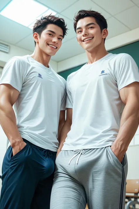 two japanese high school boys are standing side by side,facing the same direction,in the school gymnasium,the hands in the pocket,white t shirt,running pants,big bulge of pants,red face,smiling,horny face,erecting,low angle,