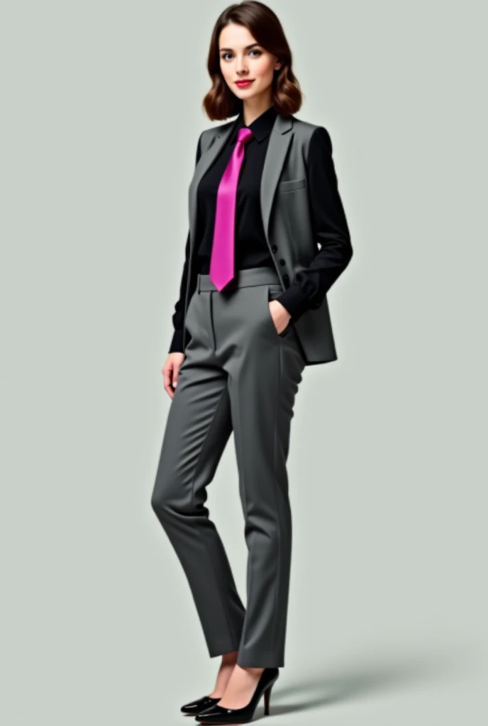 Create me an image of a woman wearing gray pants, a long sleeve black shirt and a fuchsia tie and black luster shoes and a gray vest without a jacket, images as realistic as possible please