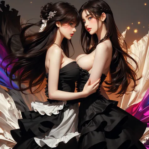 (((Masterpiece))), ((top quality)), perfect anatomy, (two beautiful girl is deeply in love with each other, kiss:1.2), bangs, (long hair:1.5), (((big breasts))), 2, (Gorgeous white, grey and black ruffled dress:1.5), race, beautiful digital artwork, beauti...