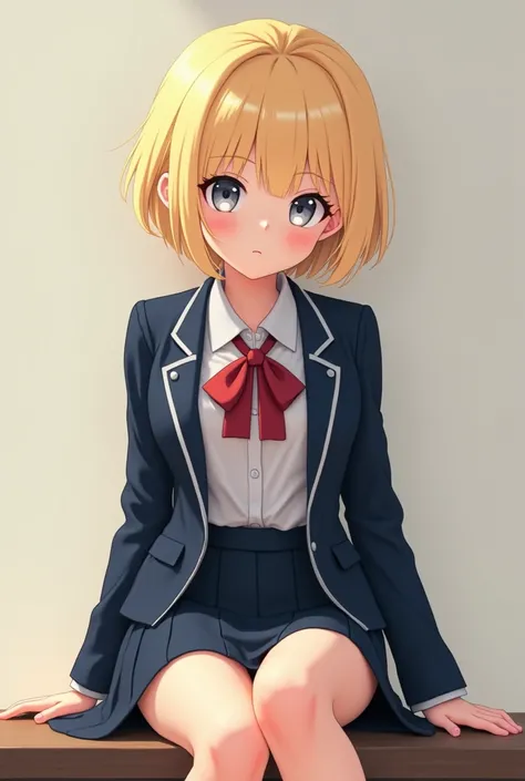 A college girl with short blonde hair in a school uniform and tanned skin with gray anime-style eyes with crossed legs