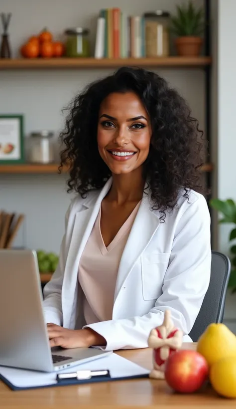  I need you to generate a new image with this woman,  sitting in your office, At the service desk ,  looking directly at the camera . she has dark skin,  dark wavy hair and a welcoming smile .  She wears a white coat over a pastel-colored blouse .  The tab...