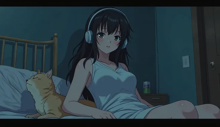 Perfect image, 8k、night、dim、high school girl、Mature、Being Calm、Big Breasts、sweat、Using headphones、bed、Cat、 2D-style animation, Lo-Fi、Retro、Emotional、Anime style illustrations