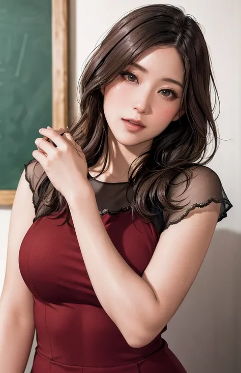 female student   ,  burgundy dress to capture people in the image
((( Masterpiece))), ((  top quality)), (( 複雑な Details)), ((  super realistic realism )), ,  mature woman,   mature woman,   see through,    high definition  , illustration, 1人の mature woman,...