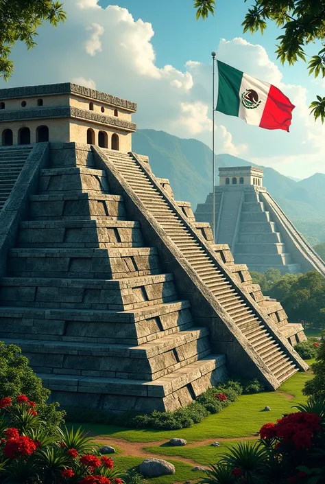 Background depicting Mexico Aztec pyramids Mexican flag 
