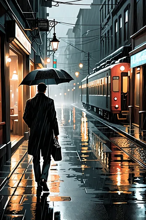 Amid rain-soaked streets, he walked through the deep night, shadows following him. A distant figure moved hesitantly—a woman escaping a past heavy with pain. The sound of a passing train shattered the silence, making him wish he were aboard. Turning into a...