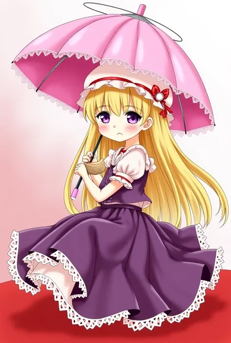 purple eyes and long blonde hair. She carries a pink lace parasol and a paper fan and rides on a red gap that leads to an unknown destination. She wears a deep purple dress, a pale pink mob cap with a thin red ribbon and smaller ribbons tied liberally on h...