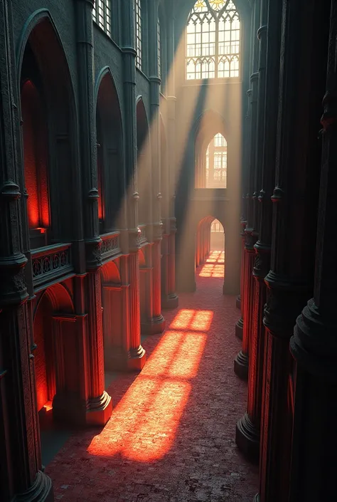 Interior of the abbey in the middle ages, great height of darkness. flashy reddish and yellow colors top view