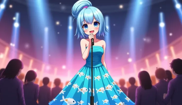 anime singer girl big high bun sky blue hair on the back of her head with short bangs framing her forehead blue eyes strapless long aquamarine fish themed strapless dress Holding long microphone standing And singing on stage in a restaurant With audience