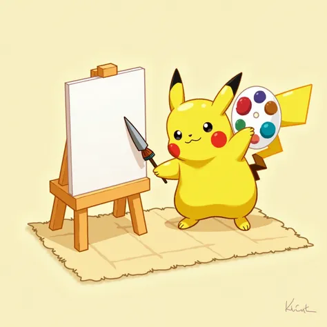 Create an image using the Pikachu from the Pokémon Illustrator card. Pikachu is holding a paintbrush in its right hand, just like the original card (overized brush). Replace the item/feather in Pikachu’s left hand with an artist’s palette featuring multipl...