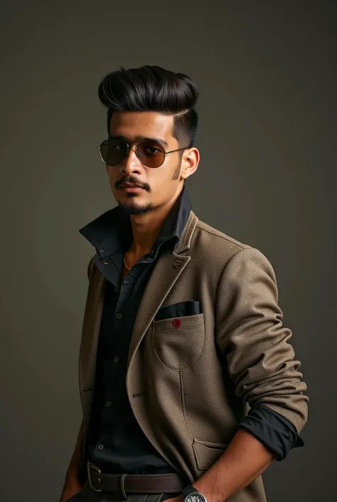 zain 17-year-old, dark brown eye colour, The Original Stache Look small hair fade haircut, he is a pakistani cute boy and please ensure that zain face must be according to his body, in a vintage style, retro fashion composition, full dressed business style...