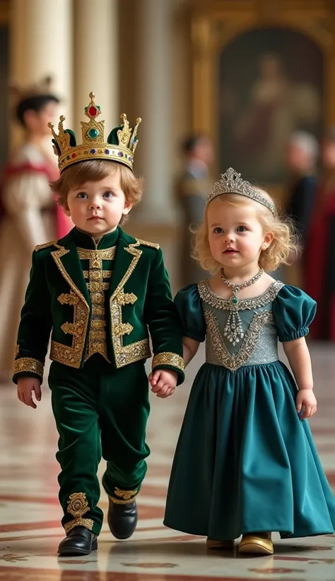 A hyper-realistic photograph of two baby dressed as royalty, walking hand in hand with a regal and confident presence. The boy wears a luxurious emerald green velvet suit with intricate gold embroidery, a tailored jacket, and gold-accented cuffs. He has a ...