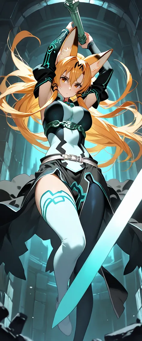 masterpiece, 1girl, beautiful woman, asuna, midna, serval, trapped in sword art online, dynamic pose