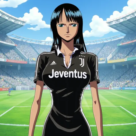  a Nico Robin with the Juventus shirt ,  on the soccer field . Everything epic  ((((masterpiece))))  can be seen in full with the shirt in the image prompt.