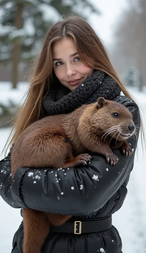 A very pretty attractive young woman from Poland. She has a nice figure and a very very large bust. She is standing on a street. There is a lot of snow outside . She is dressed to match Polish culture. She has a sexy style. In her arms she holds a beaver.