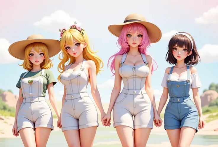 A symmetrically balanced wide angle image set in harvest moon game artwork. The scene features a lively, luscious, and shapely harvest moon farmers bachelorettes with a blush and a smile, dressed in harvest moon game farmer cosplays, shapely, which are int...