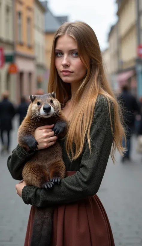 A very pretty attractive young woman from Poland. She has a nice figure and a very very large bust. She is standing on a street. She is dressed to match Polish culture. She has a sexy style. In her arms she holds a beaver.