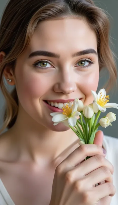 camera zooms into model's face. she smells the flowers and looks at the camera and smiles. 