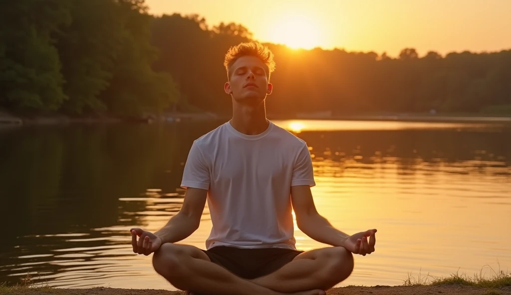 "A man in his late 20s with short blond hair, blue eyes, and fair skin sitting cross-legged by a calm lake during sunset. His eyes are closed, hands resting on his knees, practicing deep breathing. The golden light reflects on the water, creating a tranqui...