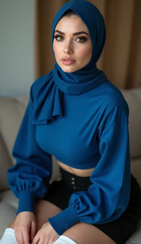 Photorealistic european hijabi woman, 160cm high, ((smooth skin, pale skin)), pink lipstick, brown eyes, long eyelashes, full lips, smokey eyeshadow, wide hips, curved ass, ((wearing tight blue top, tight sleeves, wide black mini skirt, white thighhigh soc...