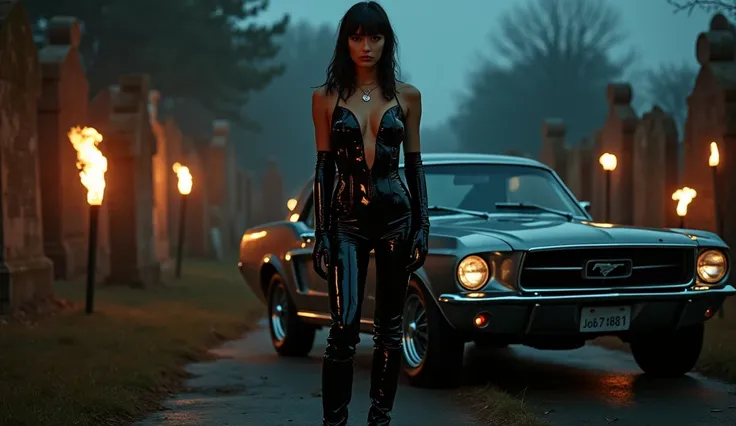 realistic photo , fetish woman standing , wearing shinny pvc pants , shinny pvc basque  , shinny pvc jacket , wearing shinny pvc thigh high boots , shinny pvc long gloves , in graveyard at night with ford mustang 67 , inlighted by torches
