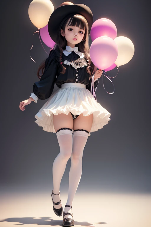 doll, a  girl, holding balloons, full body, real photo, looking above at me,wearing a Black gymnastics bloomers, High leg、white blouse, cowboy shot,