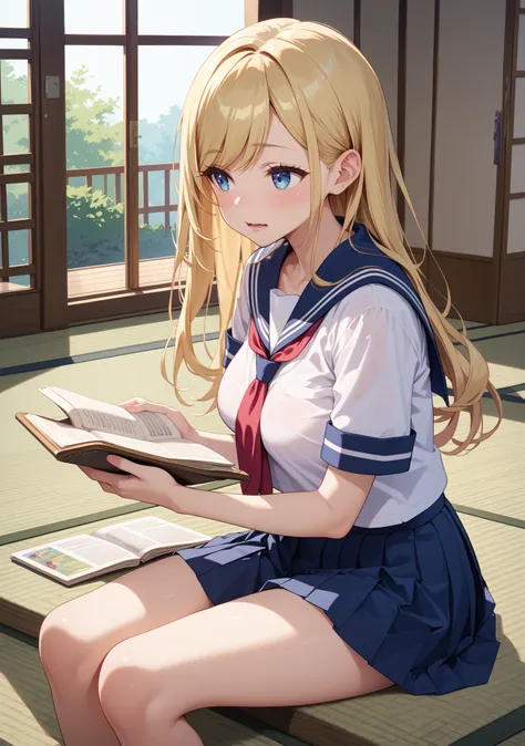 girl, slender, busty, pale skin, blonde hair, long hair , swept bangs, straight hair , blue eyes, Slanted eyes , pink beige lip, furrowed brow, parted lips, wavy mouth, blush, looking ahead, school uniform, serafuku, pleated skirt, sailor collar, white shi...