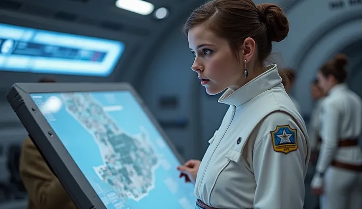 Princess Leia, a petite woman with her iconic double-bun hairstyle, wears a white Hoth uniform. She stands in the bustling Rebel base, her expression focused as she reviews a holographic map. Her commanding presence contrasts with the chaotic activity arou...