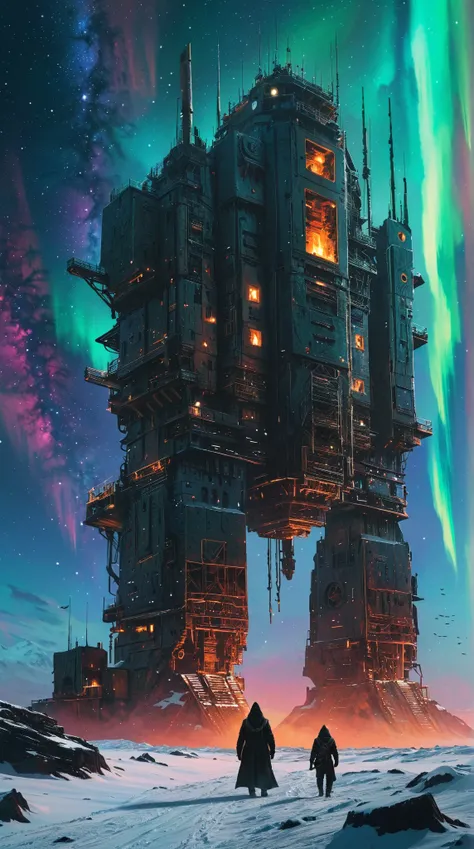 Heavy Machinery picture of an Futuristic bio-mechanical oil drilling platform glowing in the darkness of  a doomed snowy tundra with huge cannons with a dark galaxy with the soft glow of aurora-inspired hues. A man in a long coat walking across a desert wi...