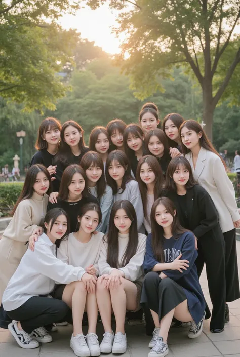 A highly detailed and realistic photograph of 22 Asian women posing together for a group photo. They are diverse in age and appearance, with unique facial features, hairstyles, and outfits reflecting different styles and personalities. The women are arrang...