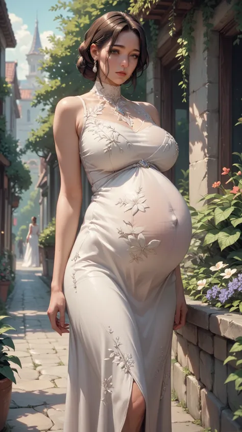  masterpiece,  Best Quality  , ,   beautiful mature woman , Outdoor .[，Pregnant，white plump maternity dress ，Hold **** 