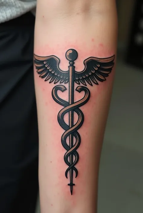 Forearm tattoo image composed of Aesculapius's rod ( symbol of medicine )  at the city centre,  since this symbol consists of only a simple central rod and a single snake, THERE CAN BE NO WINGS.  Around the symbol , There must be 6 simple images in which e...