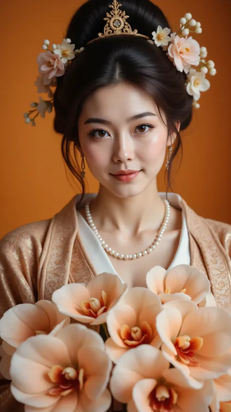 8k, masterpiece, highest quality, Korea's Beautiful Women, Close-up, slightly low-angle, dark hair, elaborate updo, flowers,  pale skin, dark eyes, full lips,  ornate robe, pearl necklace,  calm expression,  peach-cream orchids, warm orange background,  so...