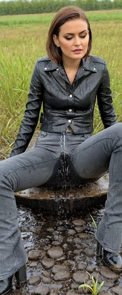 vulnerable shy ordinary woman, high waist mud covered spots flared bellbottom jeans, leather jacket, blouse, deep sits on back in bog, drowning in bog, caught in her sexual fetish session, wet muddy clothes, realistic photo, deep focus, 16k, ultra high res...