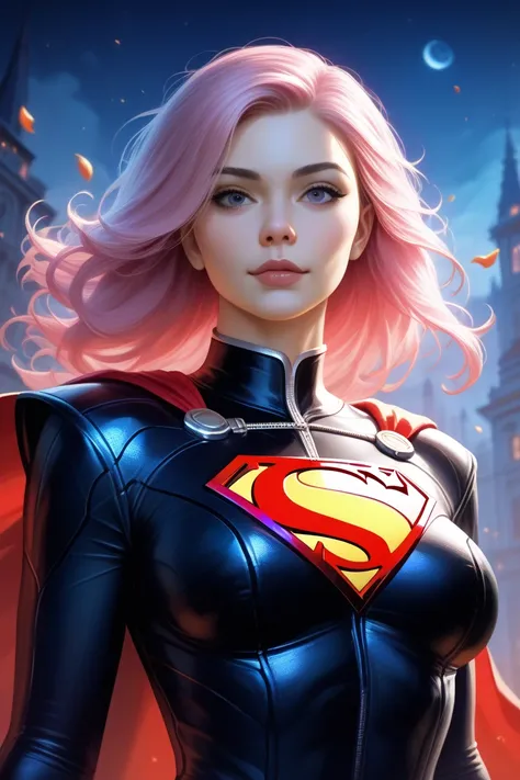 Portrait painting of Supergirl with purple-pink hairs, wearing a (stunning black suit), ultra realistic, concept art, intricate details, eerie, highly detailed, photorealistic, octane render, 8k, unreal engine. WTC in the background, Full sexy Body, Night ...