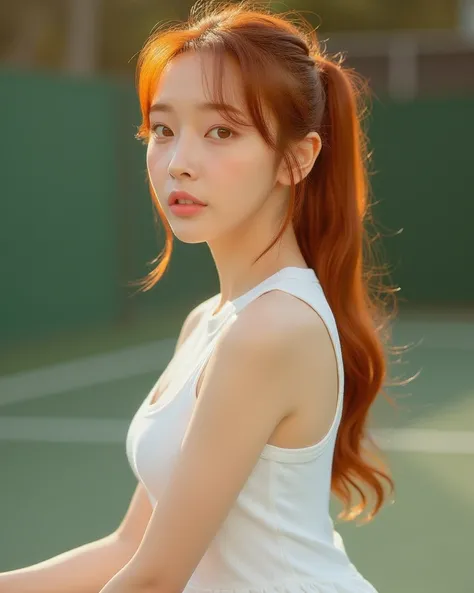  A beautiful young Korean woman .
 honey-colored eyes, super clear.
 red hair,  a ponytail .
 small and pointed breasts.
 long thin legs .
Dressed as a tennis player , White color.
 She is doing sexy poses for the spectator. 